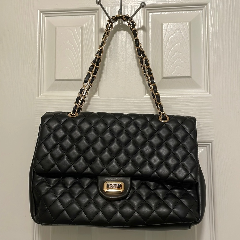 Badgley Mischka black & gold quilted handbag.